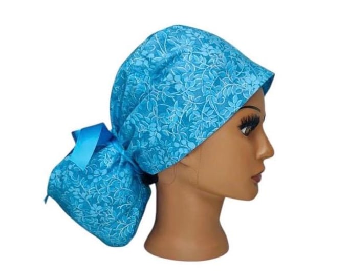 Surgical Scrub Cap with Ponytail Nursing Uniform Operating Room Hat - Light Blue with White Foliage Print
