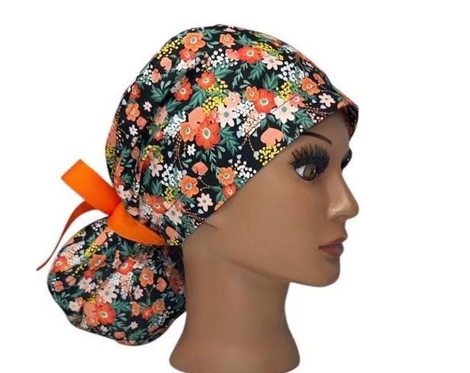 Surgical Scrub Cap with Ponytail Floral Print with Orange Ribbon Tie Nurse Uniform Hat for Operating Room