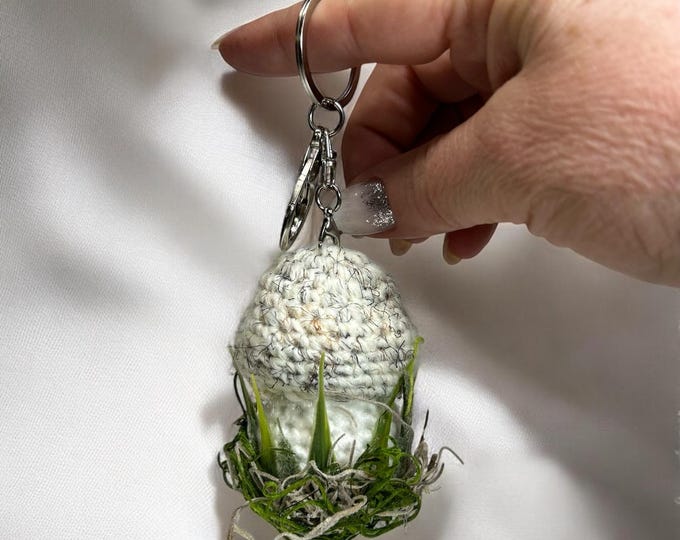 Handmade Crochet Mushroom Keychain – Light Gray Mushroom Charm