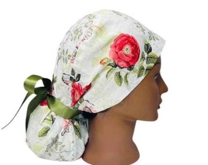 Nursing Surgical Scrub Hat Cap with Ponytail White with Floral Print