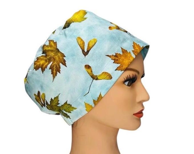 Medical Surgical Scrub Cap Blue Sky Autumn Leaves Print Euro Style Nursing Uniform Operating Room Hat Gift for Nurse