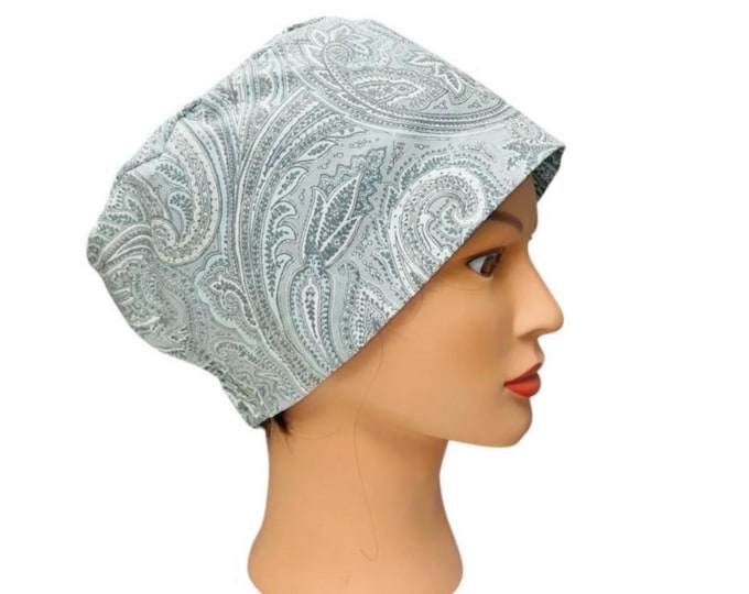 Gray Paisley Print Surgical Scrub Cap Nurse Uniform Hat for Operating Room - Gray and White Print