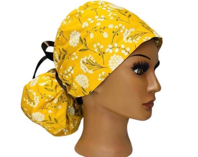 Yellow and White Floral Print Surgical Scrub Cap with Ponytail Nurse Uniform Hat for Operating Room