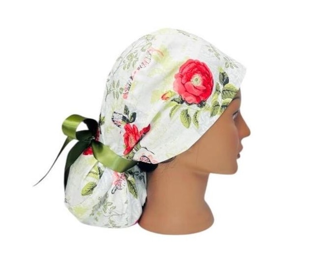 Surgical Scrub Cap with Ponytail Surgery Hat for for Nurses - White with Floral Rose Print