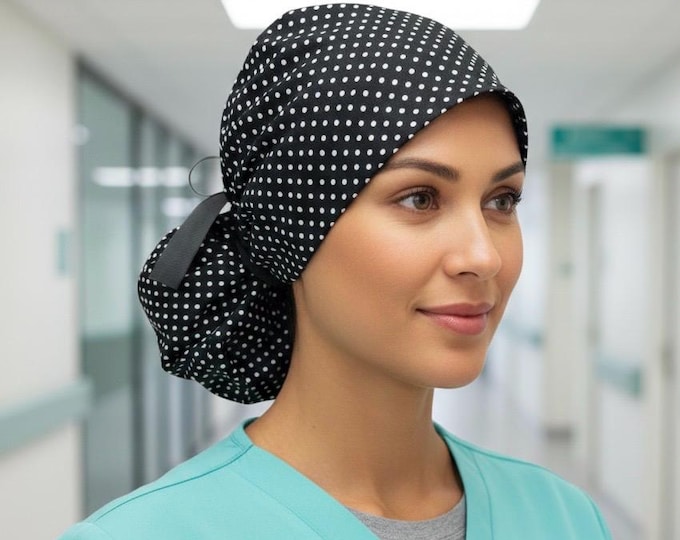 Black with White Polka Dot Surgical Scrub Cap with Ponytail Nurse Uniform Hat for Operating Room