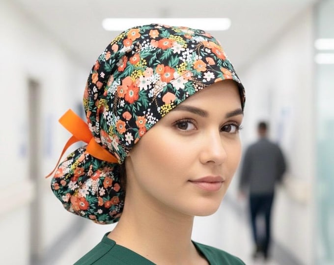 Surgical Scrub Cap with Ponytail Floral Print with Orange Ribbon Tie Nurse Uniform Hat for Operating Room