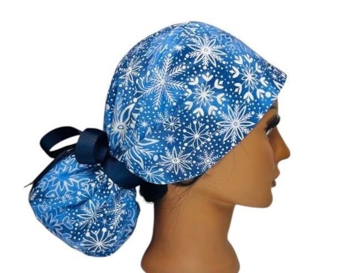 Nursing Surgical Scrub Hat Cap with Ponytail - Navy Blue with Snowflakes- Winter Christmas Edition