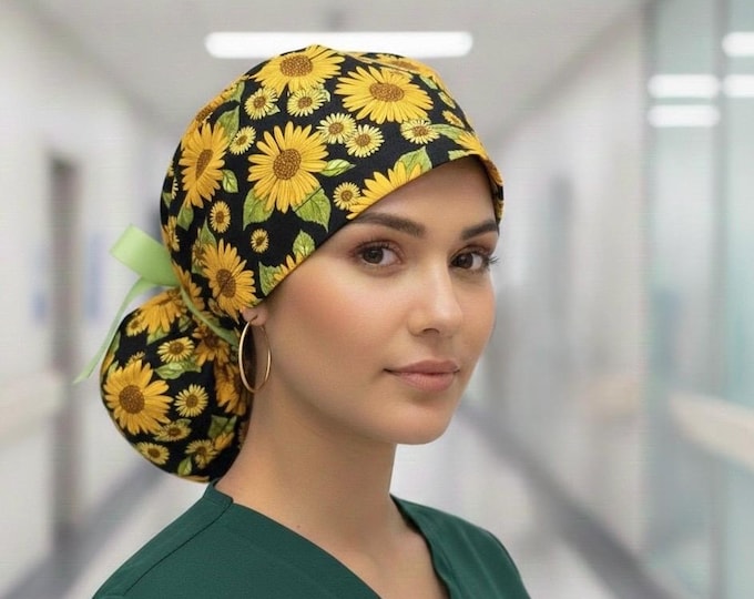 Surgical Scrub Cap Ponytail Nurse Uniform Hat for Operating Room Surgeon Cap - Sunflower Print
