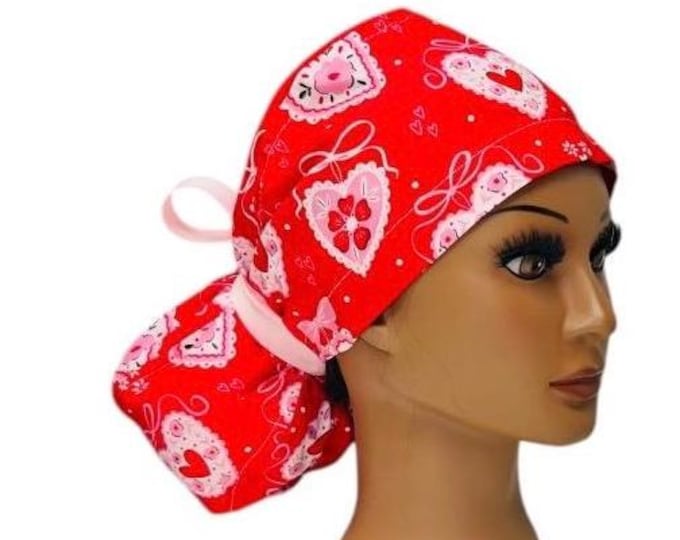 Valentines Day Surgical Scrub Cap with Ponytail Nurse Uniform Hat for Operating Room Heart Stamps with Bows