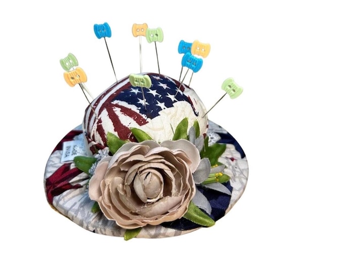 American Flag Pincushion Floral Hat Design Patriotic Gift America 250 USA
