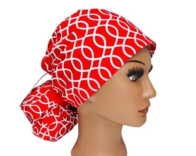 Nursing Surgical Scrub Hat Cap with Ponytail - Red with White Print