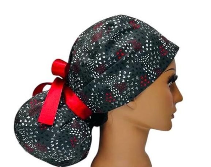 Surgical Scrub Cap with Ponytail Nurse Uniform Hat for Operating Room Charcoal Gray with Small Red and White Print