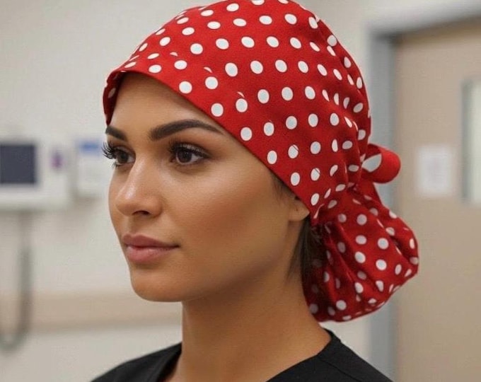Surgical Ponytail Scrub Cap Nurse Uniform Hat for Operating Room Red with white Polka Dots Print