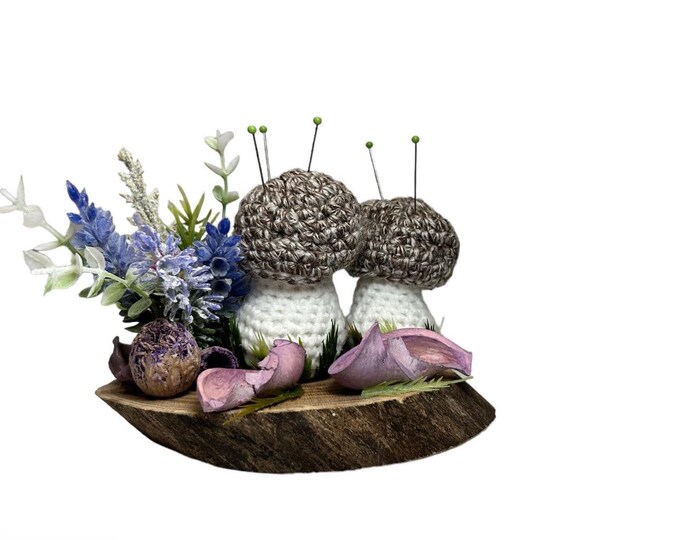 Crochet Mushroom Pincushion on Wooden Platform, Cottage Core Decor