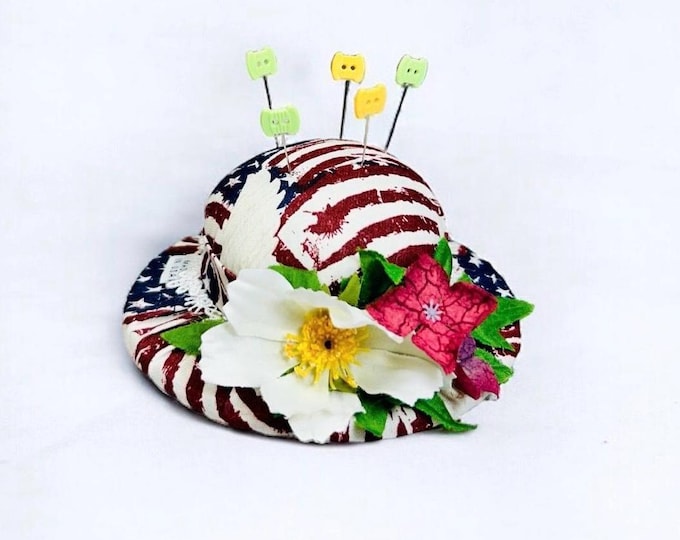 American Flag Pincushion Floral Hat Needle Holder  Patriotic Gift USA 250