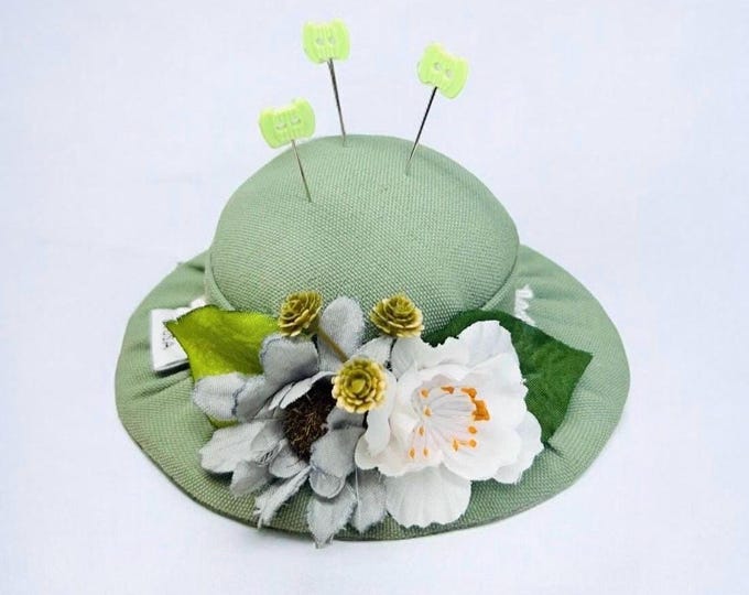 Vintage Inspired Victorian Style Hat Pincushion Gift Floral Sage Green Handmade Needle Holder