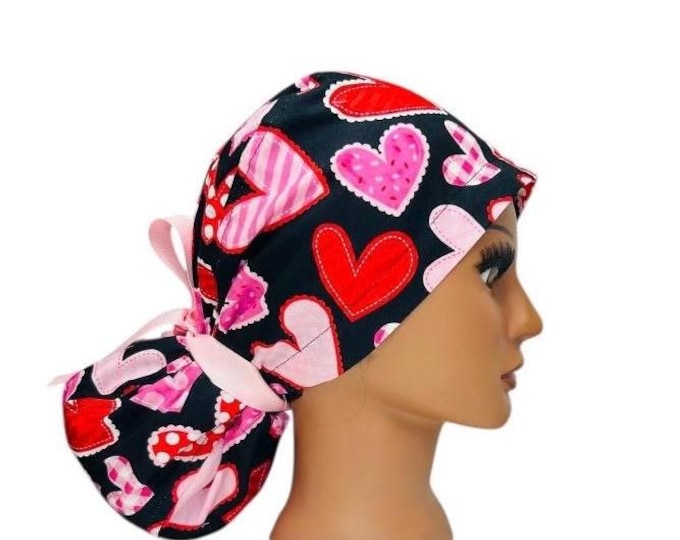 Valentines Day Hearts Print Surgical Scrub Cap with Ponytail Nurse Uniform Hat for Operating Room