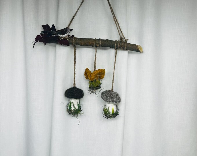 Crochet Mushroom Wall Hanging Cottagecore Home Decor Woodland Accent Modern Farmhouse
