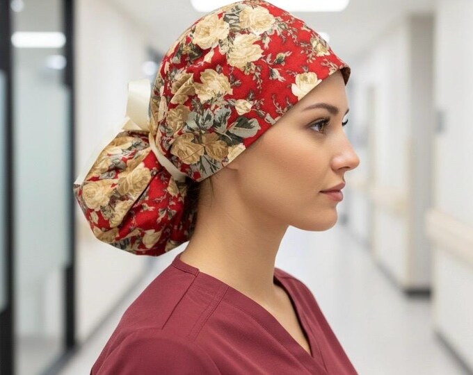 Surgical Scrub Cap with Ponytail Nurse Uniform Hat for Operating Room Red and Golden Yellow