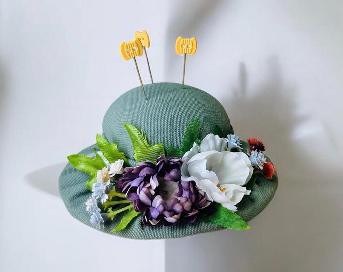 Sage Green Floral Hat Pincushion – Handmade Needle Holder