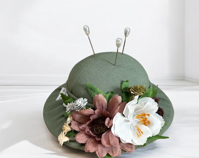 Floral Sage Green Hat Pincushion, Needle Holder Gift