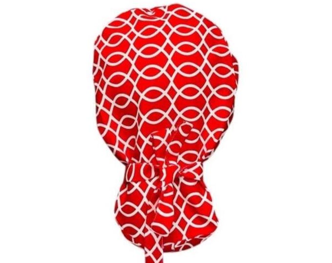 Nursing Surgical Scrub Hat Cap with Ponytail - Red with White Print