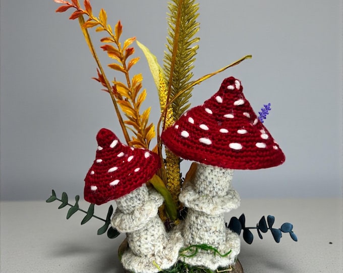 Crochet Red Fly Agaric Mushroom Set, Handmade Cottagecore Decor