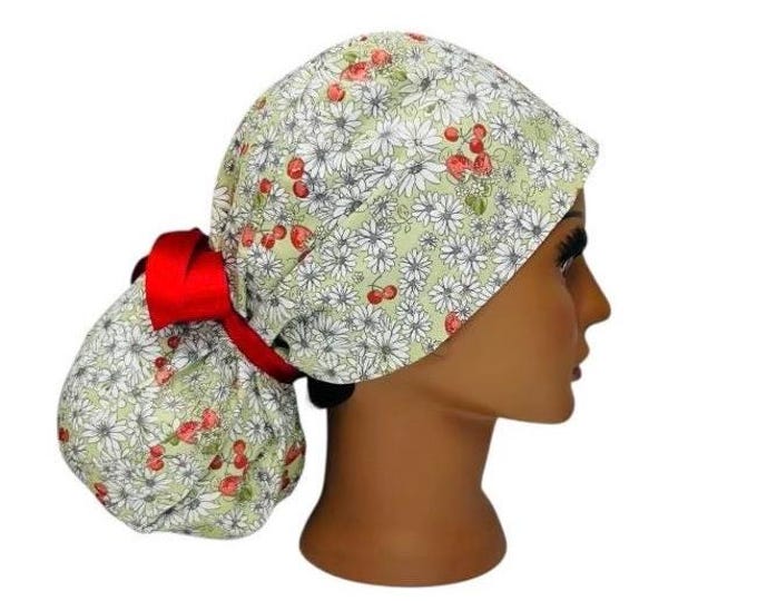 Surgical Scrub Cap with Ponytail Nurse Uniform Hat for Operating Room Light Green with Daisy Floral and Red Cherries Print