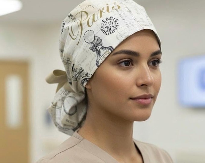 Surgical Scrub Cap with Ponytail Nurse Uniform Hat for Operating Room - Paris - Eiffel Tower Print