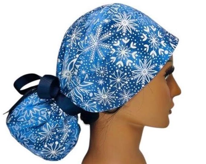 Surgical Scrub Cap with Ponytail Nurse Uniform Hat for Operating Room Large Snowflake Christmas New Years Winter Edition