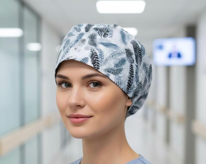 Euro Style Surgical Scrub Cap Nurse Uniform Hat Operating Room Surgeon Cap Gift for Nurses Week - Blue and Gray Feathers Print