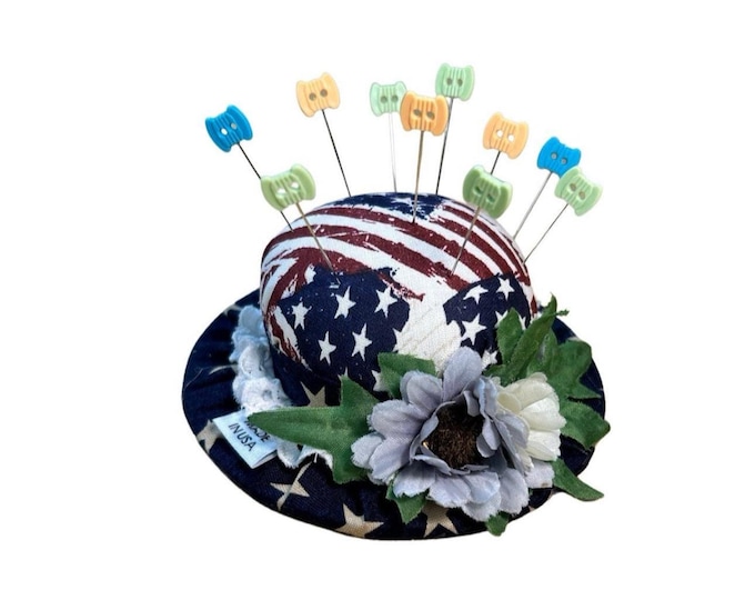 Vintage Inspired Classic Hat Pincushion Floral  Needle Holder American Flag Patriotic Gift America 250 USA