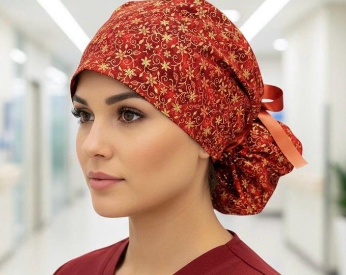 Surgical Scrub Cap with Ponytail Autumn Colored Leaf Print Nurse Uniform Hat for Operating Room