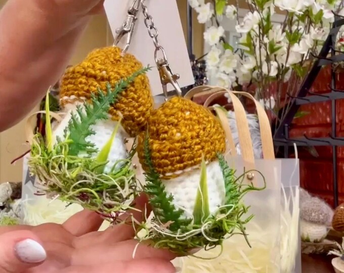 Handmade Crochet Mushroom Car Mirror Charm – Brown and White, Set of 2