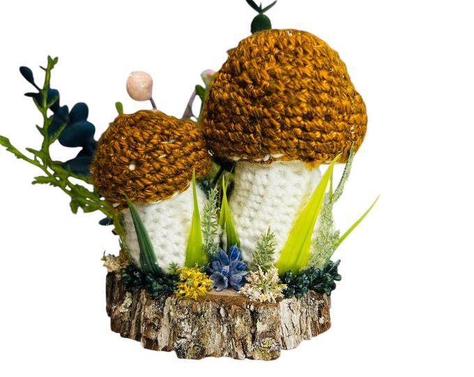 Decorative mushroom pincushion on the wooden platform, cottage core home dècor, crafter gift