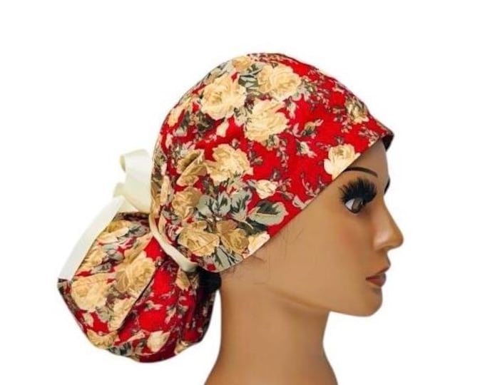 Nursing Surgical Scrub Hat Cap with Ponytail  - Red with Floral Print