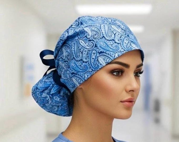 Surgical Ponytail Scrub Cap Nurse Uniform Hat for Operating Room Blue Paisley Print