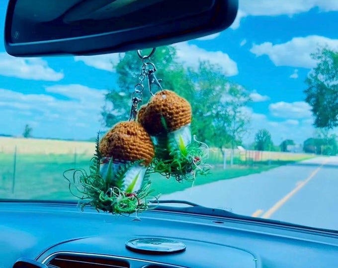 Handmade Crochet Mushroom Car Mirror Charm – Brown and White, Set of 2