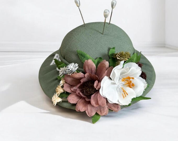 Sage Green Floral Pincushion: Handmade Hat Design