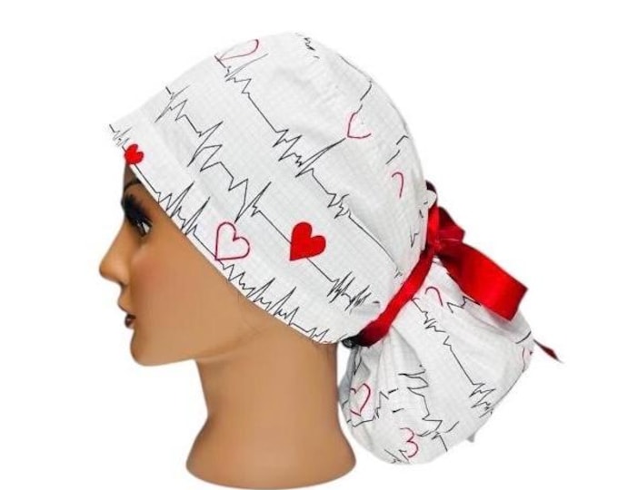 Surgical Scrub Cap with Ponytail Nurse Uniform Hat for Operating Room White with Hearts and Cardiogram EKG Print