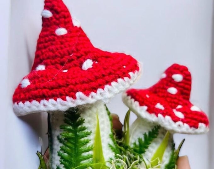 Crochet Mushroom Decor, Red Fly Agaric Toadstool Set, Cottagecore Decor