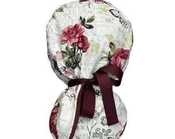 Surgical Scrub Cap with Ponytail Nurse Uniform Hat for Operating Room Floral Roses Print