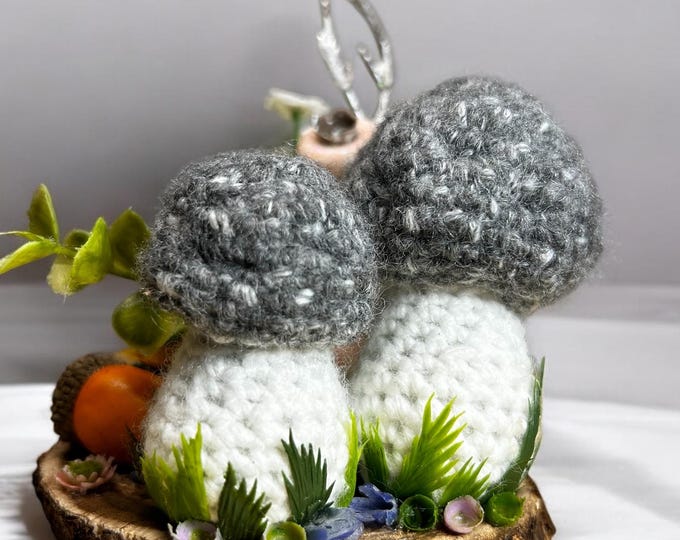 Decorative mushroom pincushion on the wooden platform, cottage core home dècor, crafter gift