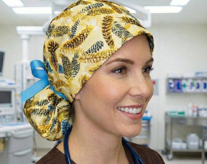 Feathers Print Surgical Scrub Cap with Ponytail Nurse Uniform Hat for Operating Room