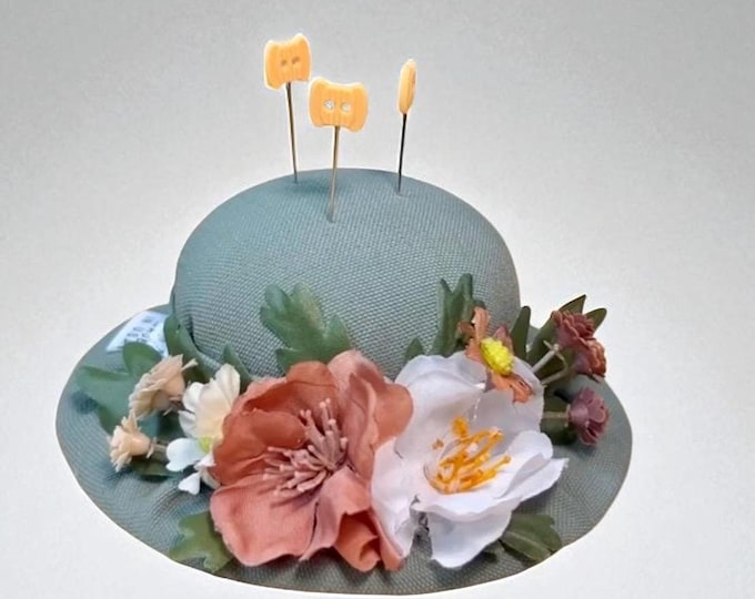 Vintage Inspired Sage Green Floral Hat Pincushion, Handmade Needle Holder