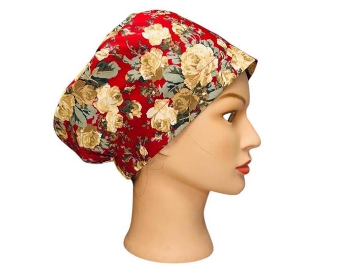 Surgical Scrub Cap Gift for Nurse Operating Room Hat-  Red with Floral Print Surgical Sterile Tech Hat Nursing Uniform Scrub Hat