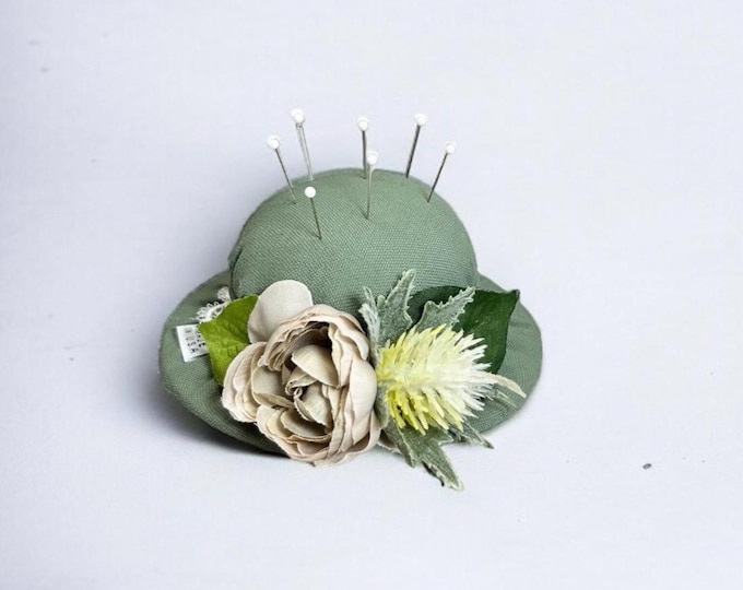 Vintage Inspired Victorian Style  Hat Pincushion - Handmade Needle Holder Sage Green and floral accents