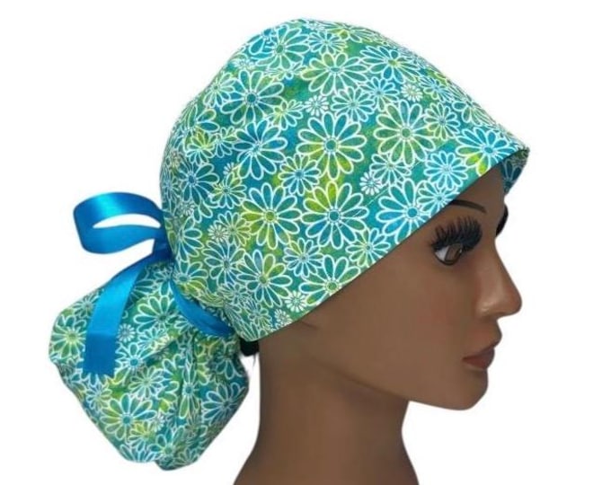 Surgical Scrub Cap with Ponytail Blue and Green Floral Print Nurse Uniform Hat for Operating Room