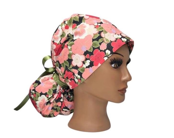 Pink Floral Print Surgical Scrub Cap with Ponytail Nurse Uniform Hat for Operating Room