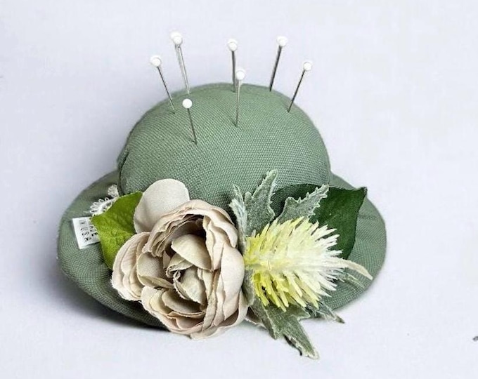 Floral Sage Green Hat Pincushion - Handmade Needle Holder